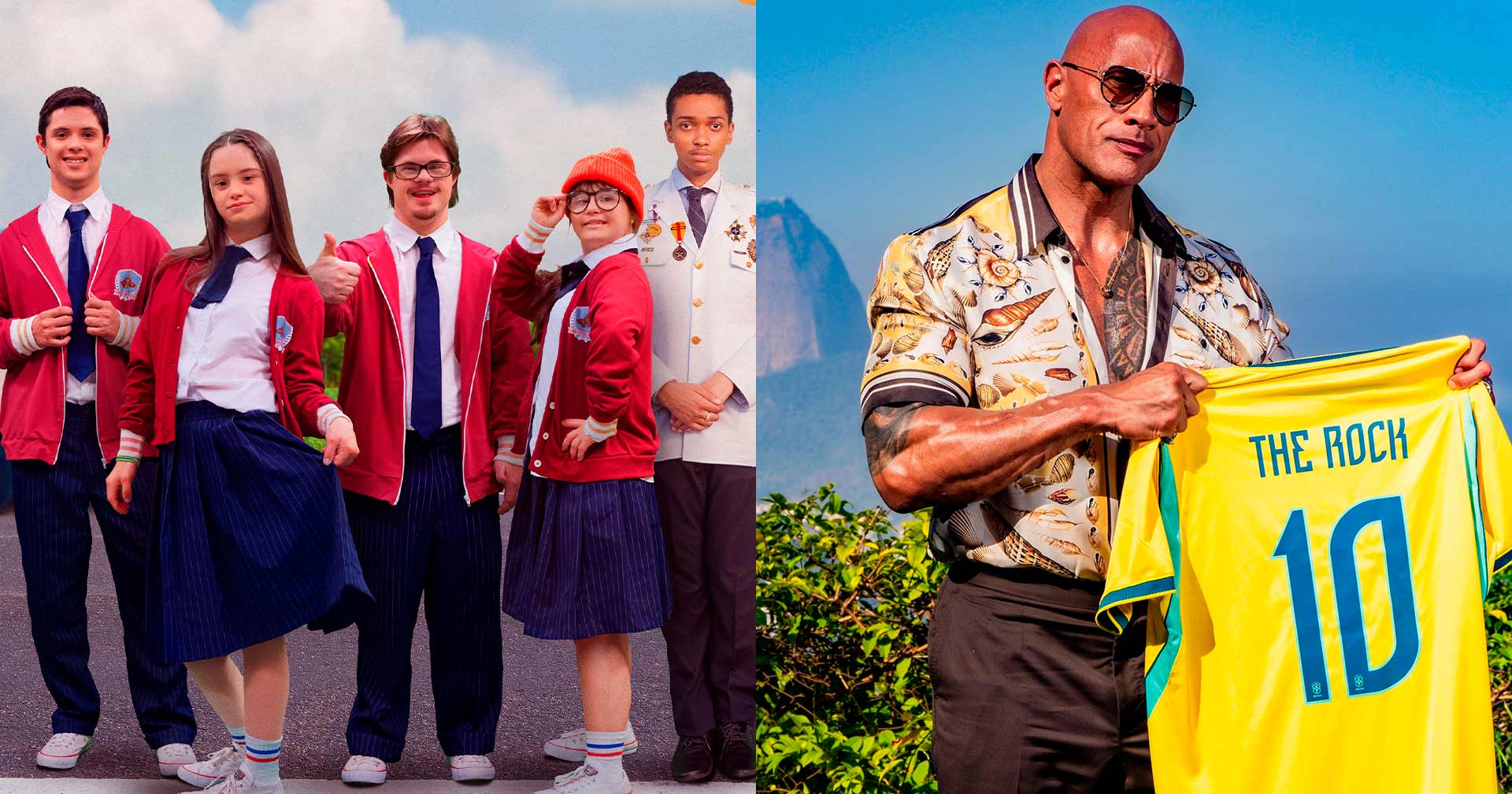 Elenco de ‘Colegas e o Herdeiro’ se encontra com Dwayne Jonhson durante passagem do ator pelo Brasil