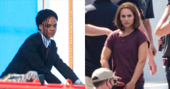 Tessa Thompson e Natalie Portman como Valquíra e Poderosa Thor nos bastidores de Thor 4