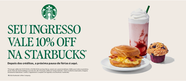 Seu ingresso vale 15% off na Starbucks. Nas compras do filme O Diabo Veste Prada 2, o café está garantido.