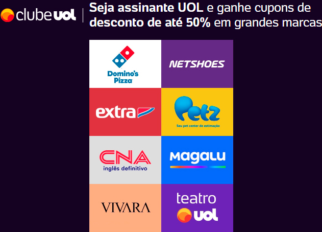 Clube UOL - Seja assinante UOL e ganhe cupons de desconto de até 50% em grandes marcas.