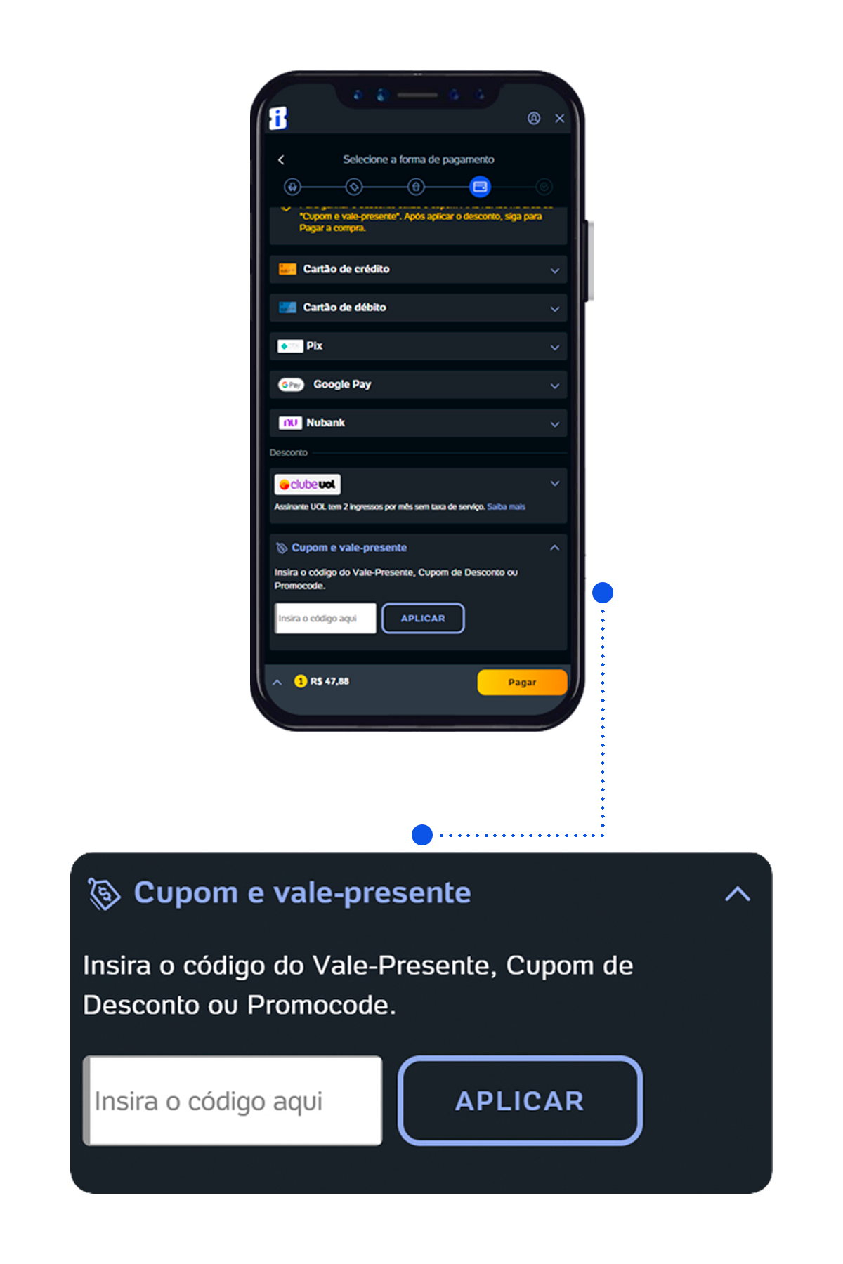 Como inserir o voucher/código do vale-presente para pagamento no site ou aplicativo Ingresso.com.